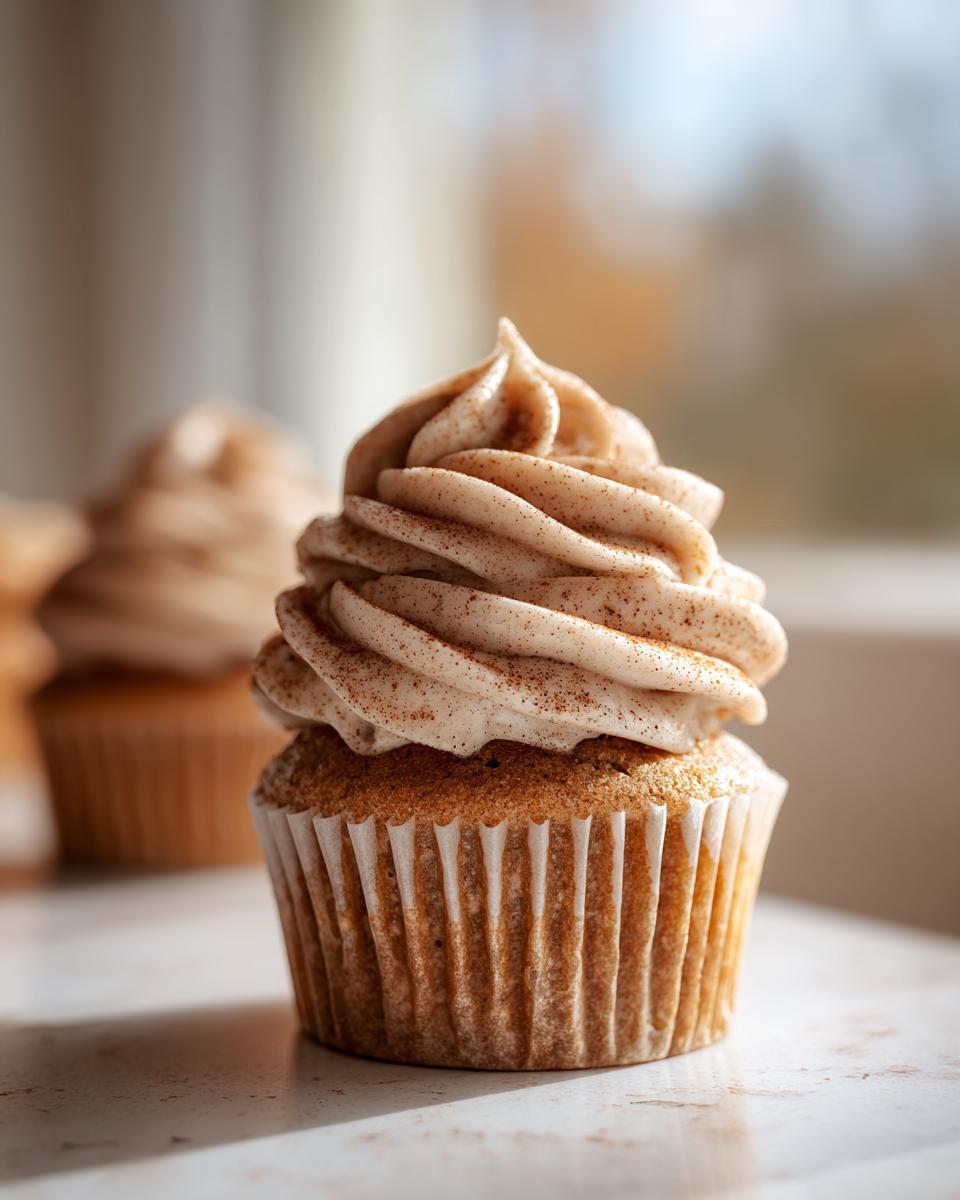 A single, perfectly frosted banana cupcakes with a swirl of cinnamon-dusted topping, sitting on a light surface.