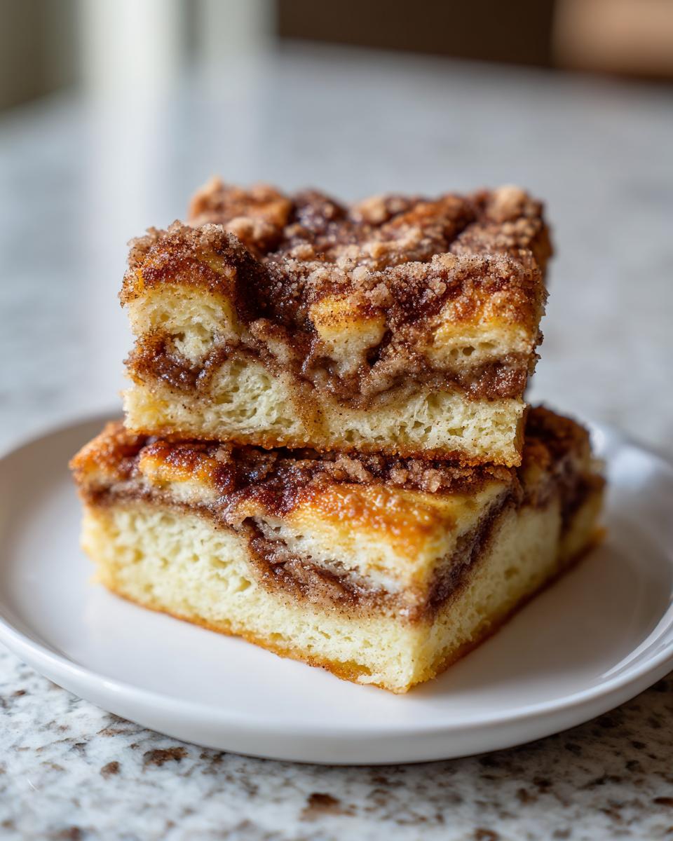 Two stacked squares of cinnamon swirl french toast casserole with a crumbly topping on a white plate.