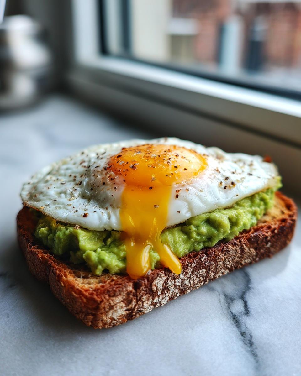 A slice of toasted bread topped with mashed avocado and a sunny-side-up fried egg, perfect avocado toast.