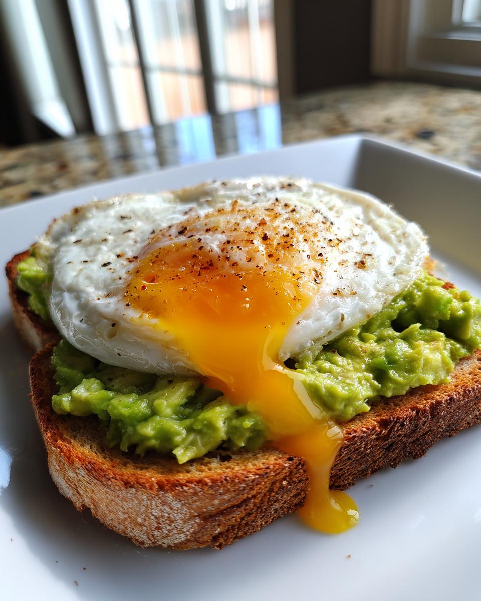Close-up of classic avocado toast topped with a sunny-side-up egg, showing yolk dripping down.