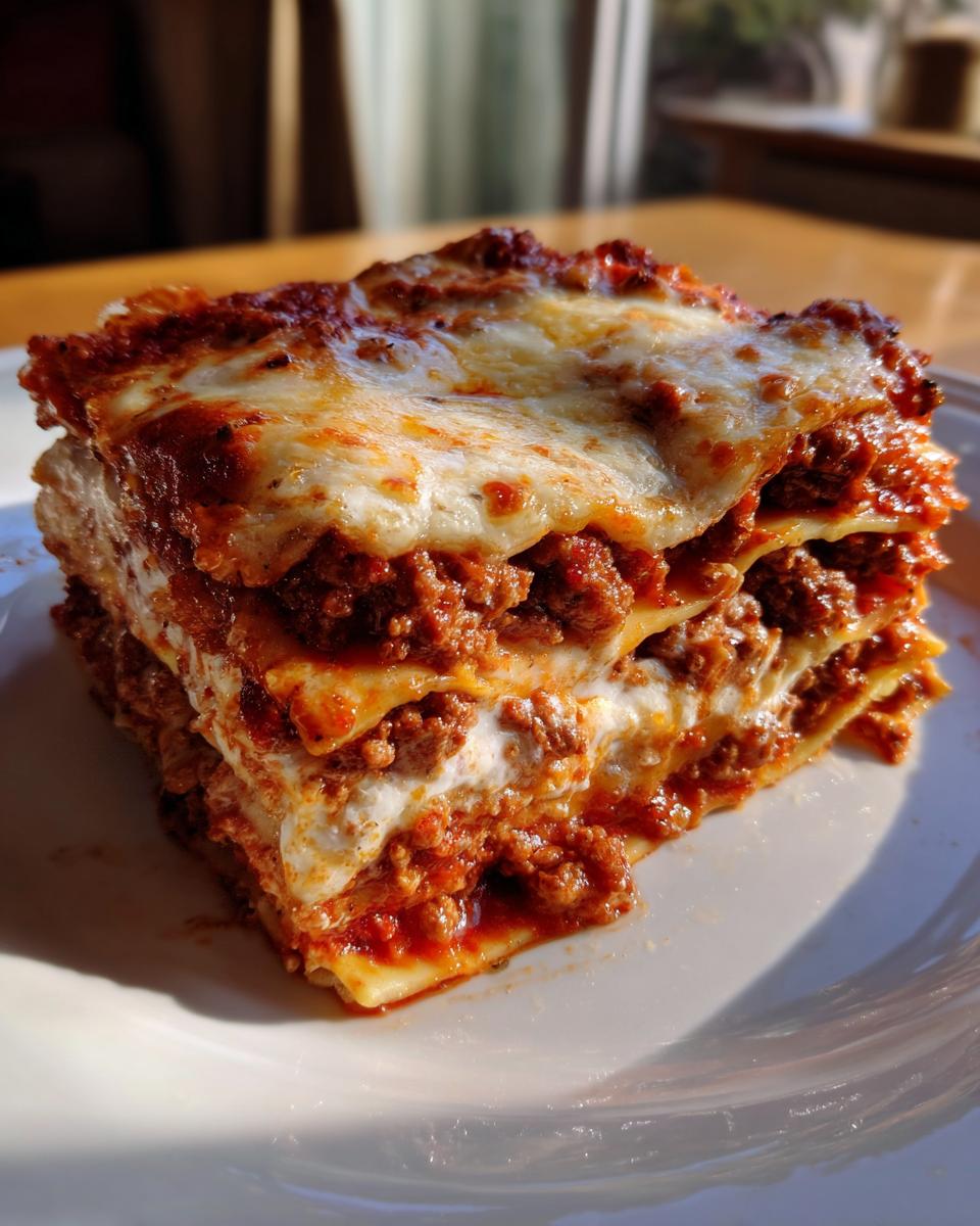 A thick, multi-layered slice of classic meat lasagna with rich red sauce and melted cheese topping.