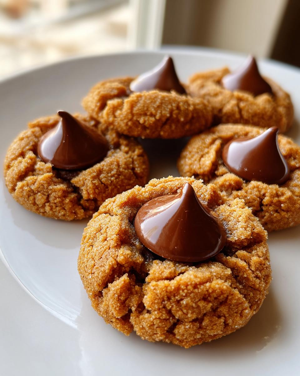 A plate of freshly baked peanut butter blossom cookies topped with a melted chocolate kiss.