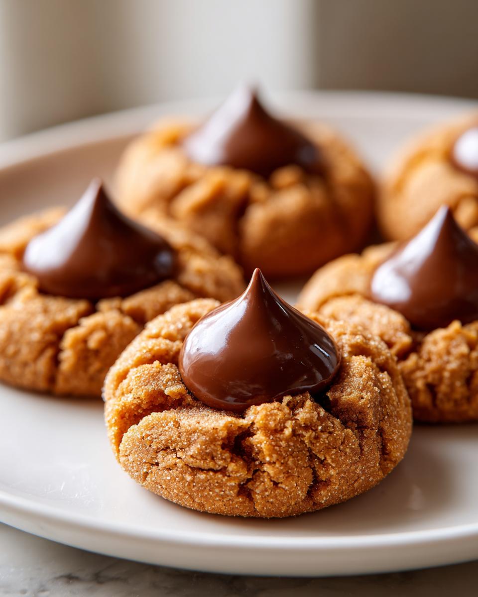 Close-up shot of several classic peanut butter blossom cookies topped with a melted chocolate kiss.