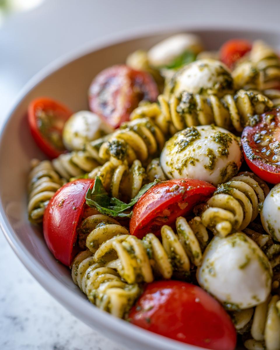 Close-up of vibrant caprese pasta salad featuring fusilli pasta coated in pesto, cherry tomatoes, and small mozzarella balls.