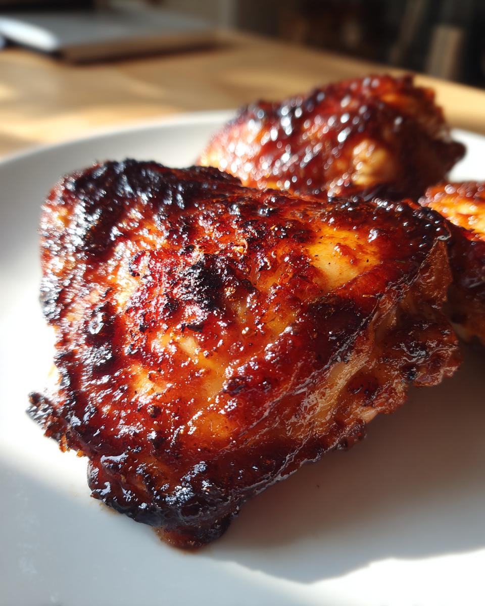 Close-up of a juicy, caramelized piece of bbq chicken with a dark, glossy sauce on a white plate.