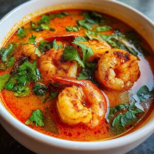 Close-up of a white bowl filled with vibrant orange tom yum soup, featuring large seasoned shrimp and fresh cilantro.