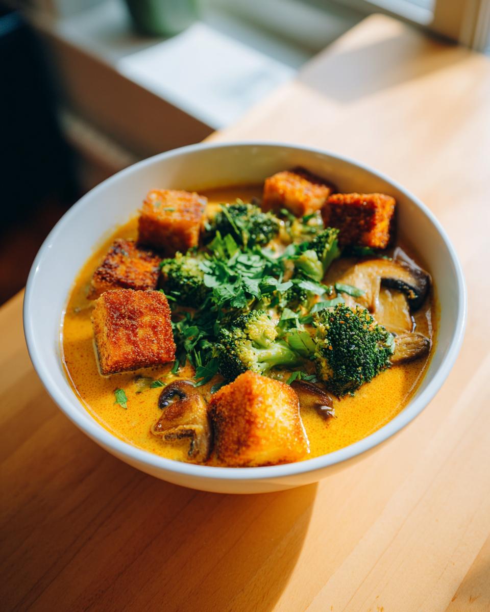 A vibrant bowl of coconut curry soup topped with crispy tofu cubes, broccoli florets, mushrooms, and fresh cilantro.