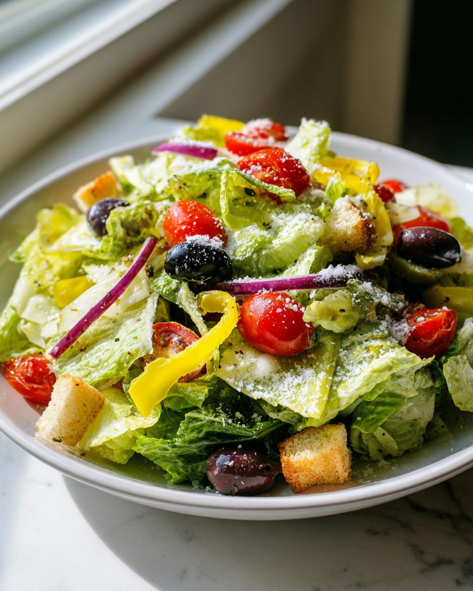A vibrant bowl of copycat Olive Garden salad featuring crisp lettuce, cherry tomatoes, olives, and croutons.