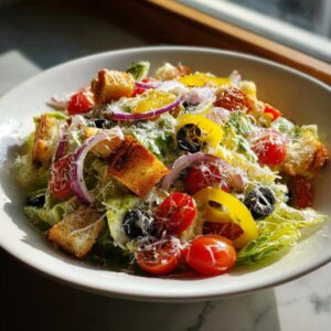 A vibrant bowl of copycat Olive Garden salad featuring crisp lettuce, cherry tomatoes, red onion, black olives, and croutons, topped with grated cheese.