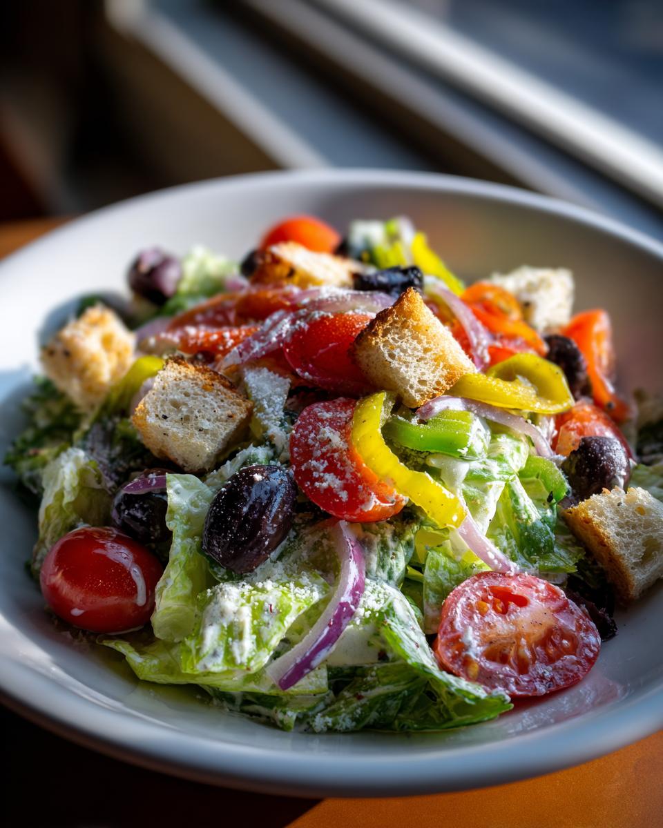 A vibrant bowl of copycat Olive Garden salad featuring romaine lettuce, tomatoes, olives, peppers, and croutons coated in creamy dressing.