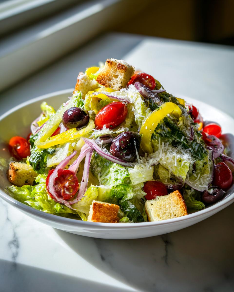 A vibrant bowl featuring a copycat Olive Garden salad with romaine lettuce, cherry tomatoes, black olives, and croutons.