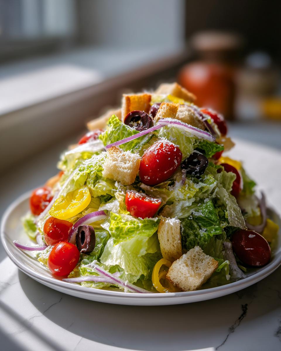 A fresh mound of copycat Olive Garden salad featuring romaine lettuce, cherry tomatoes, olives, red onion, and croutons.