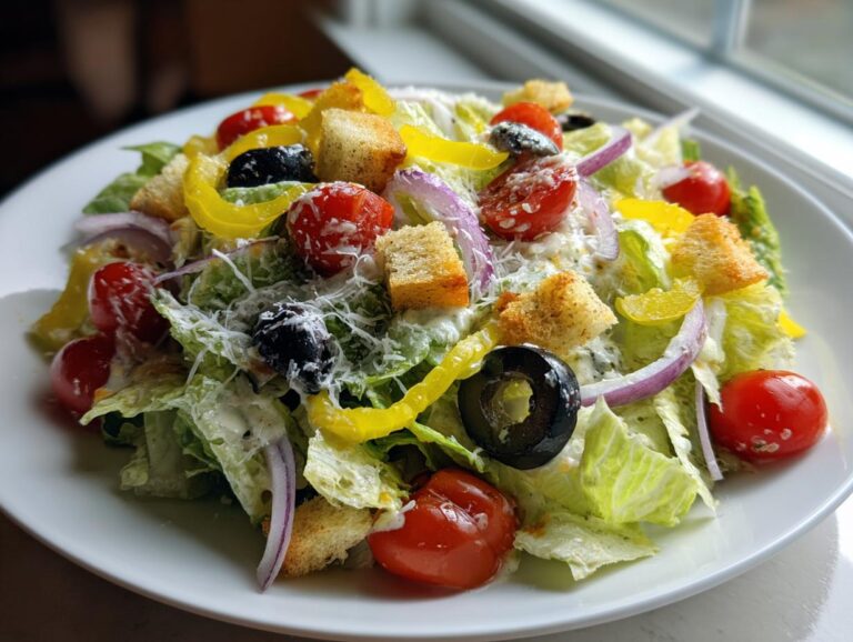 A vibrant close-up of a copycat Olive Garden salad featuring romaine lettuce, cherry tomatoes, black olives, pepperoncini, and croutons, drizzled with creamy dressing.