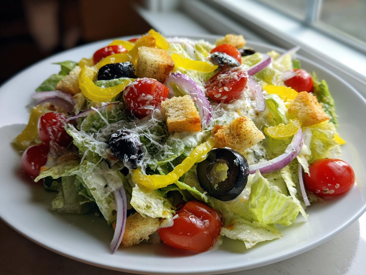 A vibrant close-up of a copycat Olive Garden salad featuring romaine lettuce, cherry tomatoes, black olives, pepperoncini, and croutons, drizzled with creamy dressing.