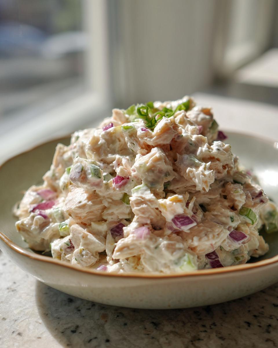 A close-up of creamy cottage cheese chicken salad mixed with diced red onion and celery, topped with green onions.