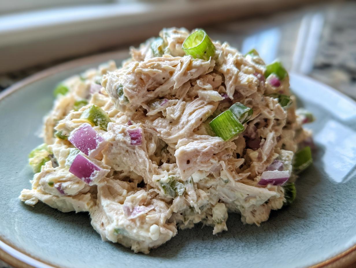 A mound of creamy cottage cheese chicken salad mixed with diced red onion and green onion slices, served on a light blue plate.