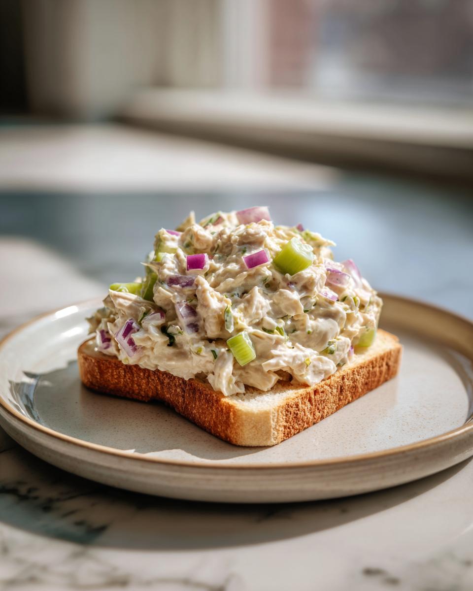 A generous scoop of creamy cottage cheese chicken salad topped with red onion and celery on a slice of toasted white bread.