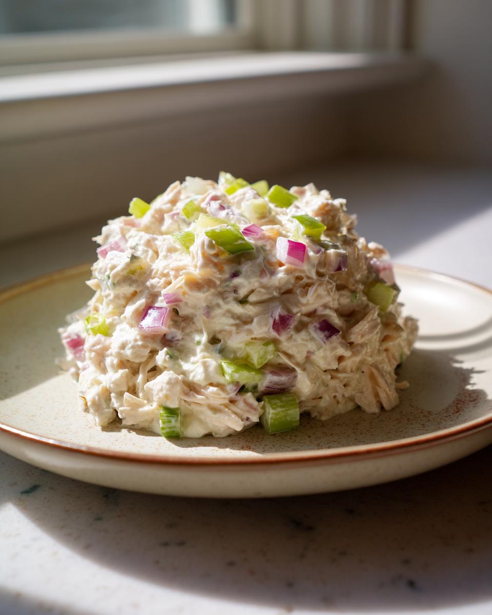 A mound of creamy cottage cheese chicken salad mixed with diced red onion and celery on a light plate.