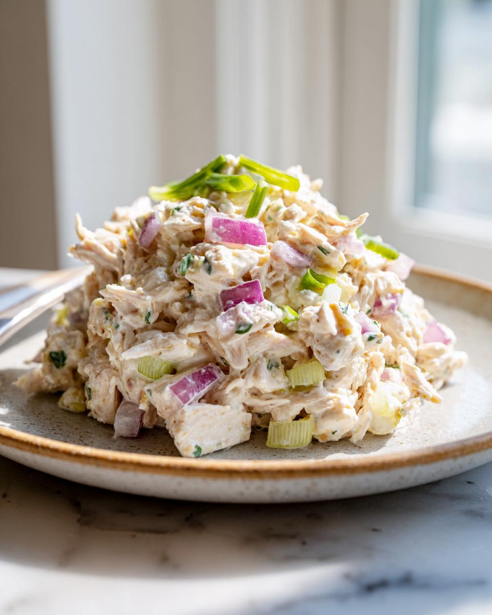 A mound of creamy cottage cheese chicken salad mixed with diced red onion and celery, topped with green onions.