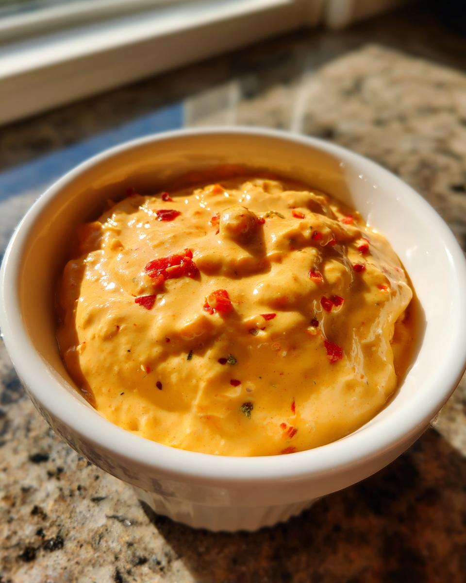 Close-up of vibrant orange cottage cheese queso dip topped with red chili flakes in a small white bowl.