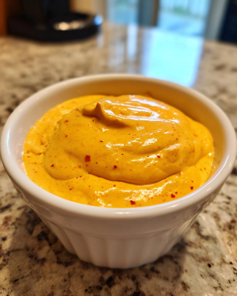 Close-up of bright orange, creamy cottage cheese queso dip speckled with red pepper flakes in a white bowl.