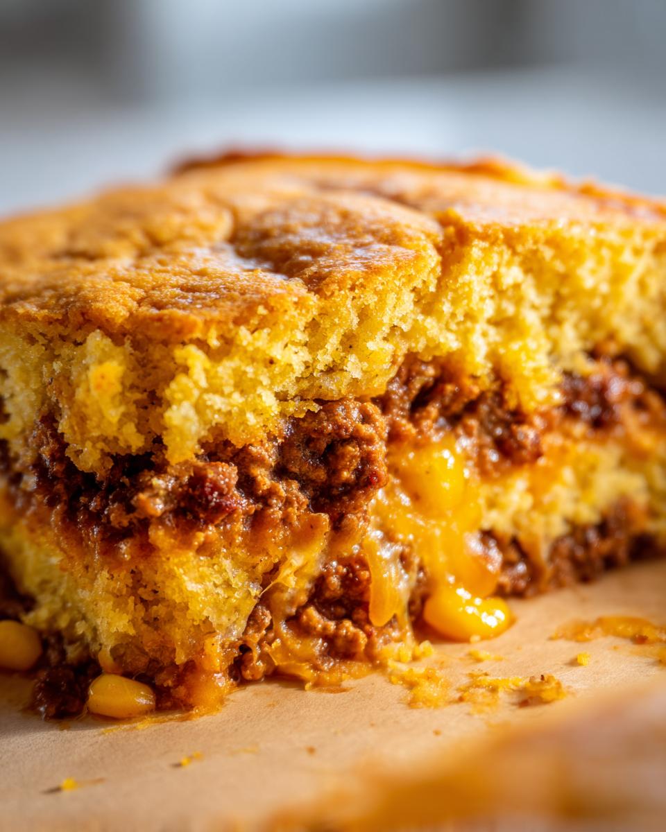 A close-up, cross-section view of a moist slice of cowboy cornbread casserole showing the savory meat filling and melted cheddar cheese.