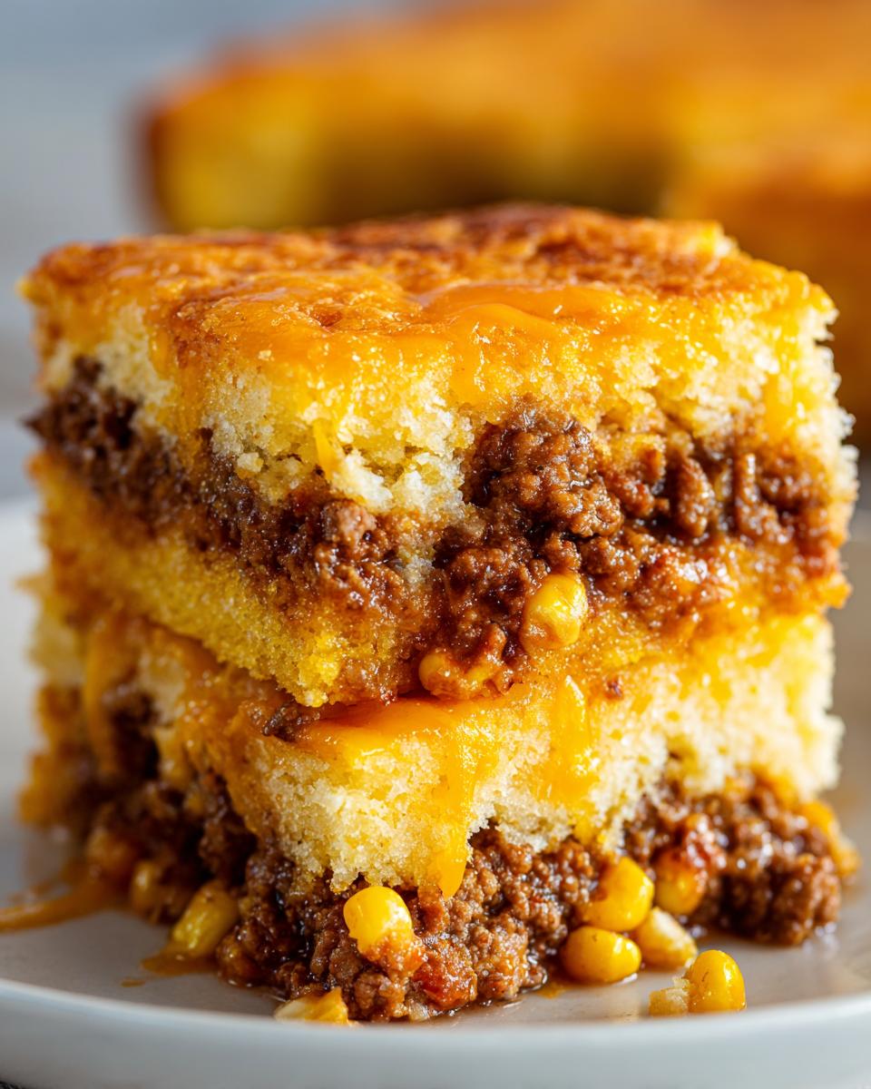 Close-up of a layered slice of cowboy cornbread casserole showing cornbread, seasoned ground beef, corn, and melted cheddar cheese.