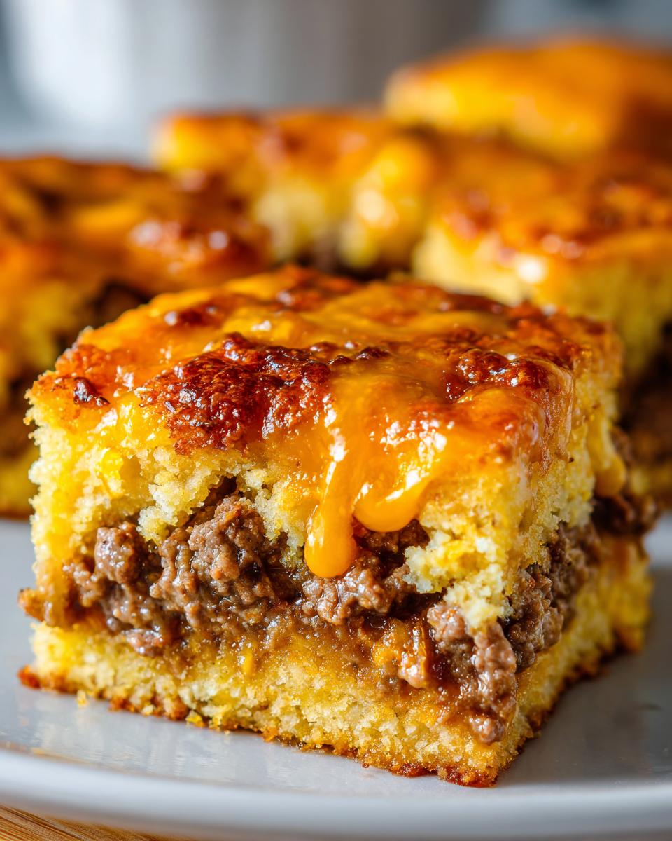 A close-up of a square slice of cowboy cornbread casserole featuring a layer of seasoned ground beef topped with melted cheddar cheese.