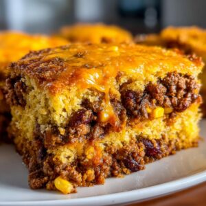 A thick slice of cowboy cornbread casserole showing layers of savory chili filling and melted cheddar cheese topping.