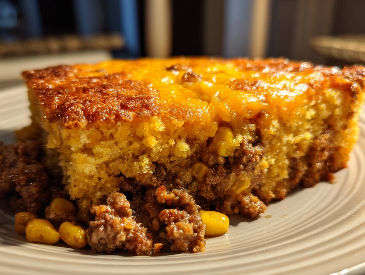 A close-up slice of cowboy cornbread casserole showing the golden cornbread top, meat, and corn filling.