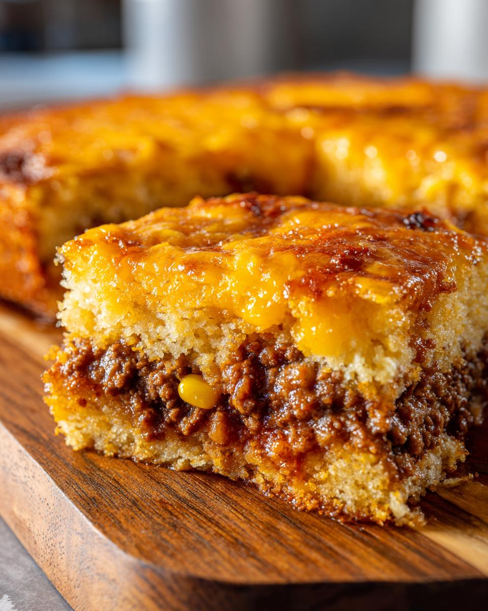 A close-up of a slice of cowboy cornbread casserole showing a thick layer of savory chili filling between two layers of cornbread.