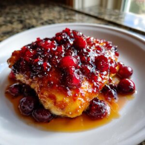 Close-up of a perfectly cooked cranberry chicken breast topped with a thick, glossy cranberry glaze and whole berries.