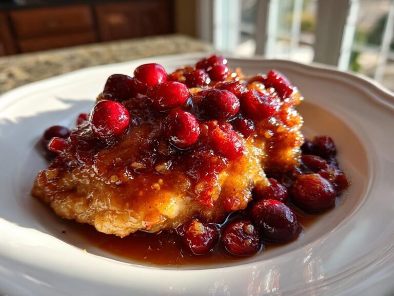A piece of golden-brown chicken smothered in a rich, glossy sauce topped with whole, bright red cranberries for cranberry chicken.