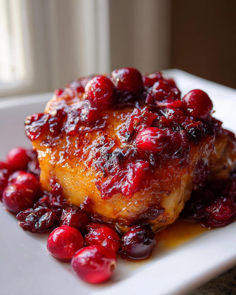 Close-up of a juicy chicken breast topped with a rich cranberry glaze and whole cranberries, featuring the cranberry chicken recipe.