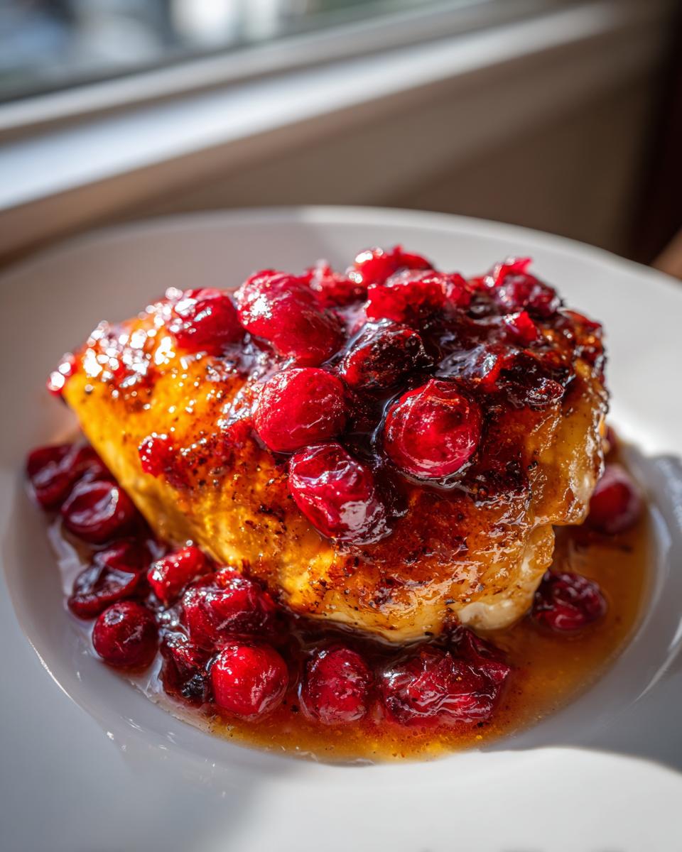 A beautifully seared chicken breast smothered in a rich, glossy cranberry sauce, showcasing the perfect cranberry chicken dish.