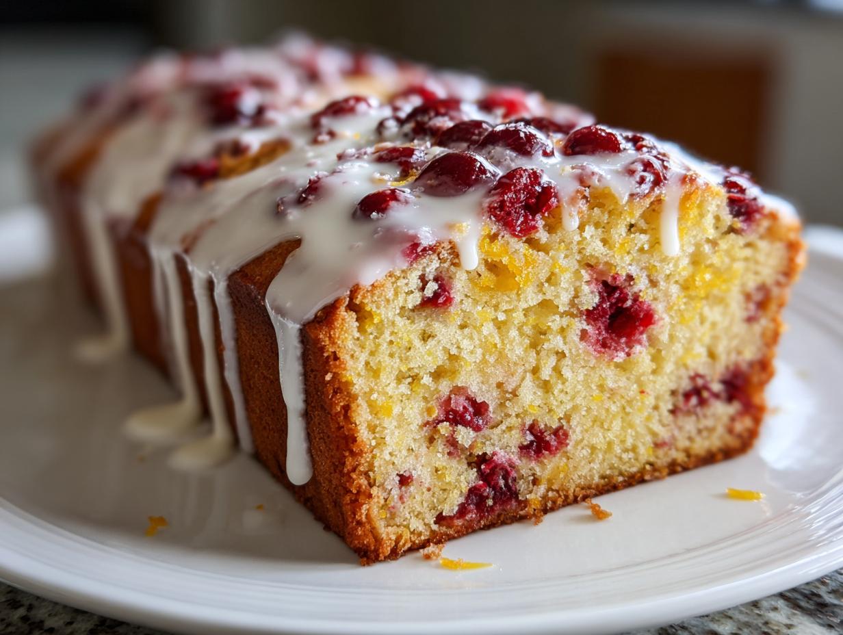 A close-up, angled view of a freshly baked cranberry orange bread loaf with thick white glaze and whole cranberries on top.
