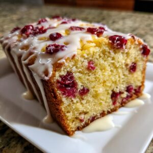 Close-up of a moist slice of cranberry orange bread topped with a thick white glaze and whole cranberries.
