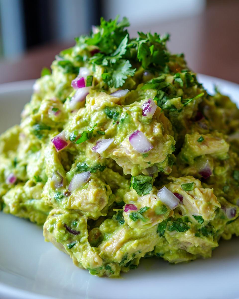 A close-up mound of creamy avocado chicken salad mixed with red onion and topped with fresh cilantro.