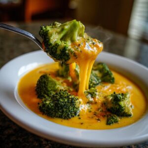 A spoonful of bright green broccoli covered in melted, stringy cheddar cheese sauce, lifted from a bowl of creamy broccoli cheddar.