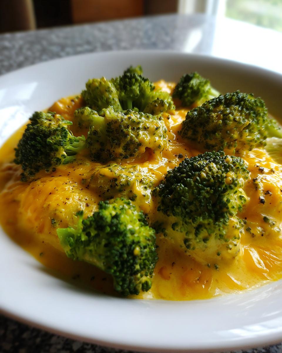 Close-up of bright green broccoli florets covered in rich, creamy broccoli cheddar sauce served in a white bowl.