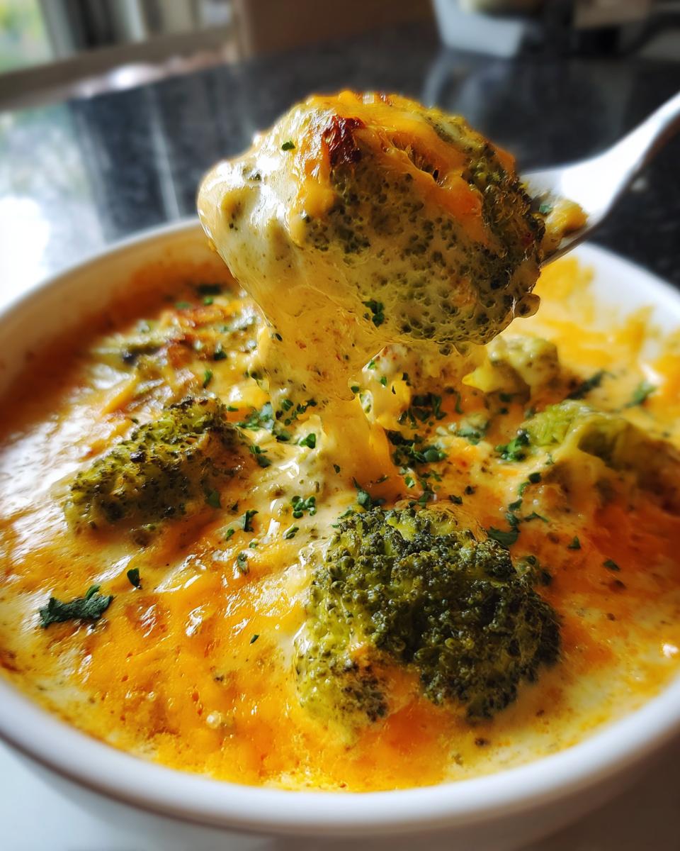 A fork lifts a piece of broccoli covered in rich, melted cheese sauce from a bowl of creamy broccoli cheddar.