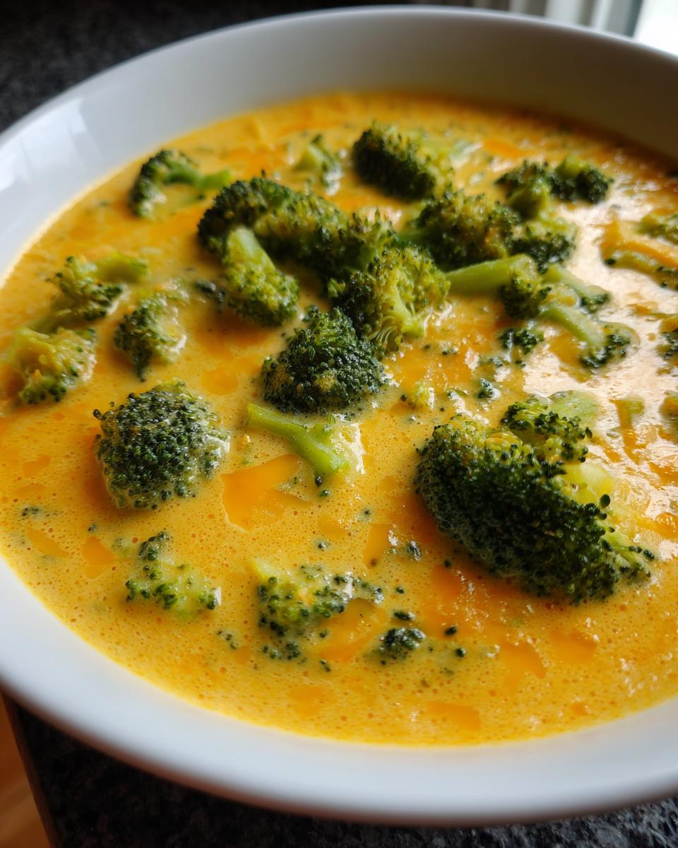 Close-up of a white bowl filled with rich, creamy broccoli cheddar soup featuring bright green florets.