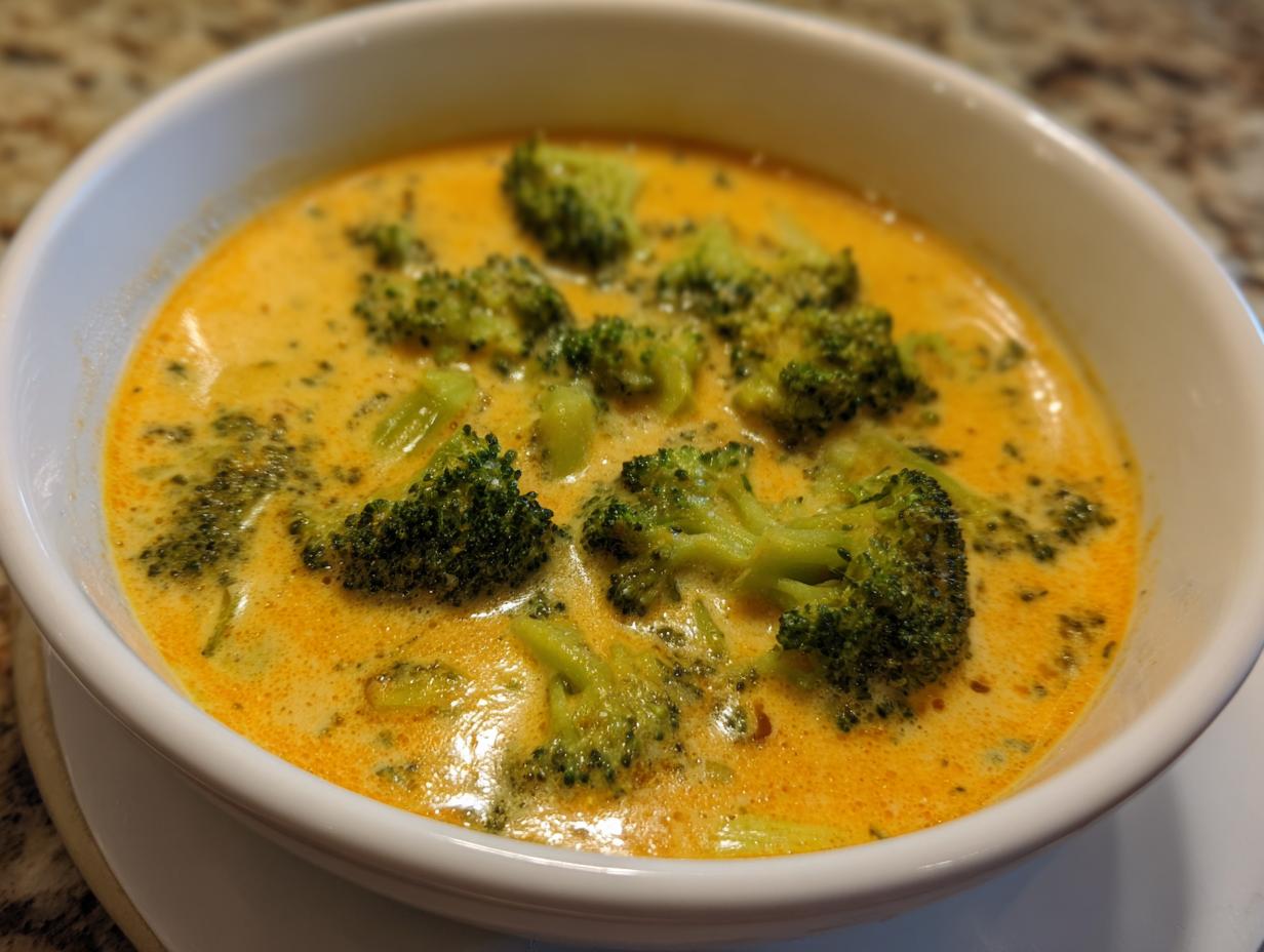 Close-up of a white bowl filled with rich, creamy, orange-hued broccoli cheddar soup featuring bright green florets.