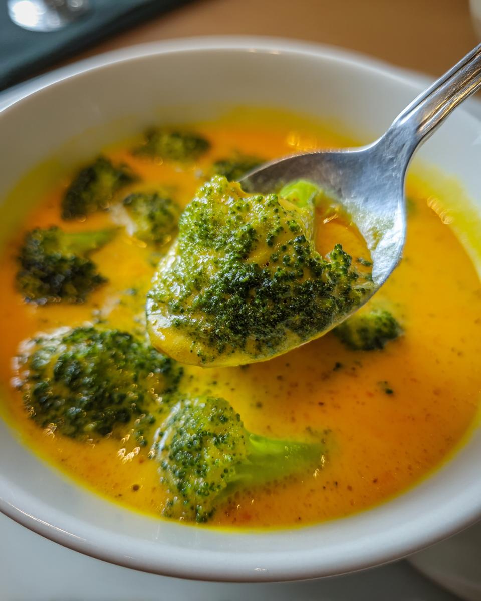 Close-up of a spoonful lifting bright green broccoli florets from rich, creamy, orange-yellow broccoli cheddar soup.