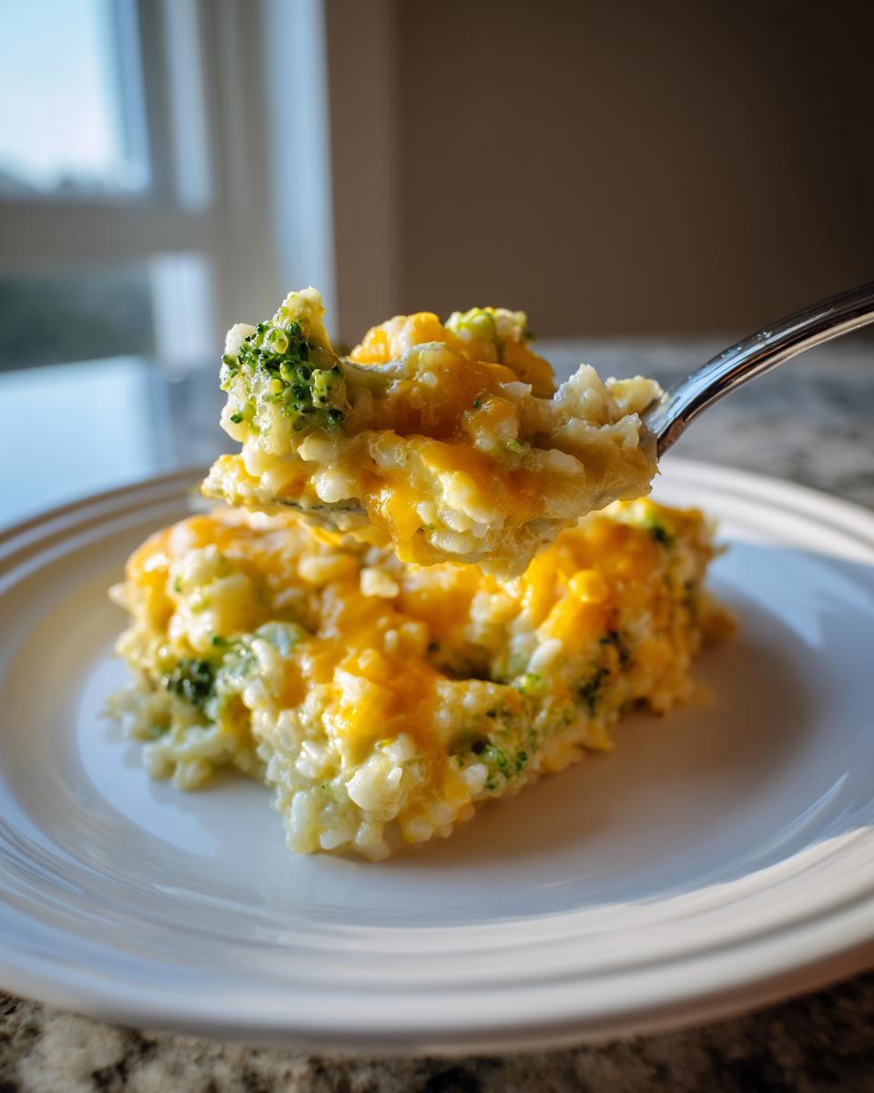 A spoonful of creamy broccoli rice topped with melted cheddar cheese being lifted from a serving on a white plate.