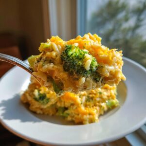 A fork holds a creamy spoonful of cheesy broccoli rice casserole, featuring bright green broccoli florets.