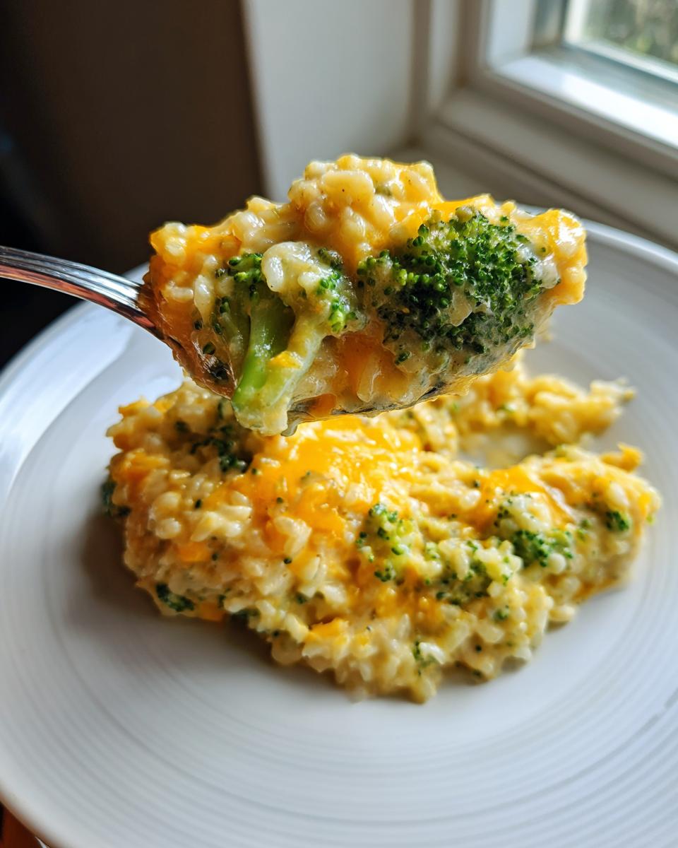 A spoonful of creamy broccoli rice mixed with melted cheddar cheese being lifted above the rest of the dish.