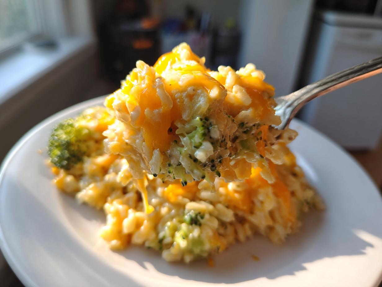 A fork lifting a creamy, cheesy spoonful of broccoli rice, showing melted cheddar cheese.