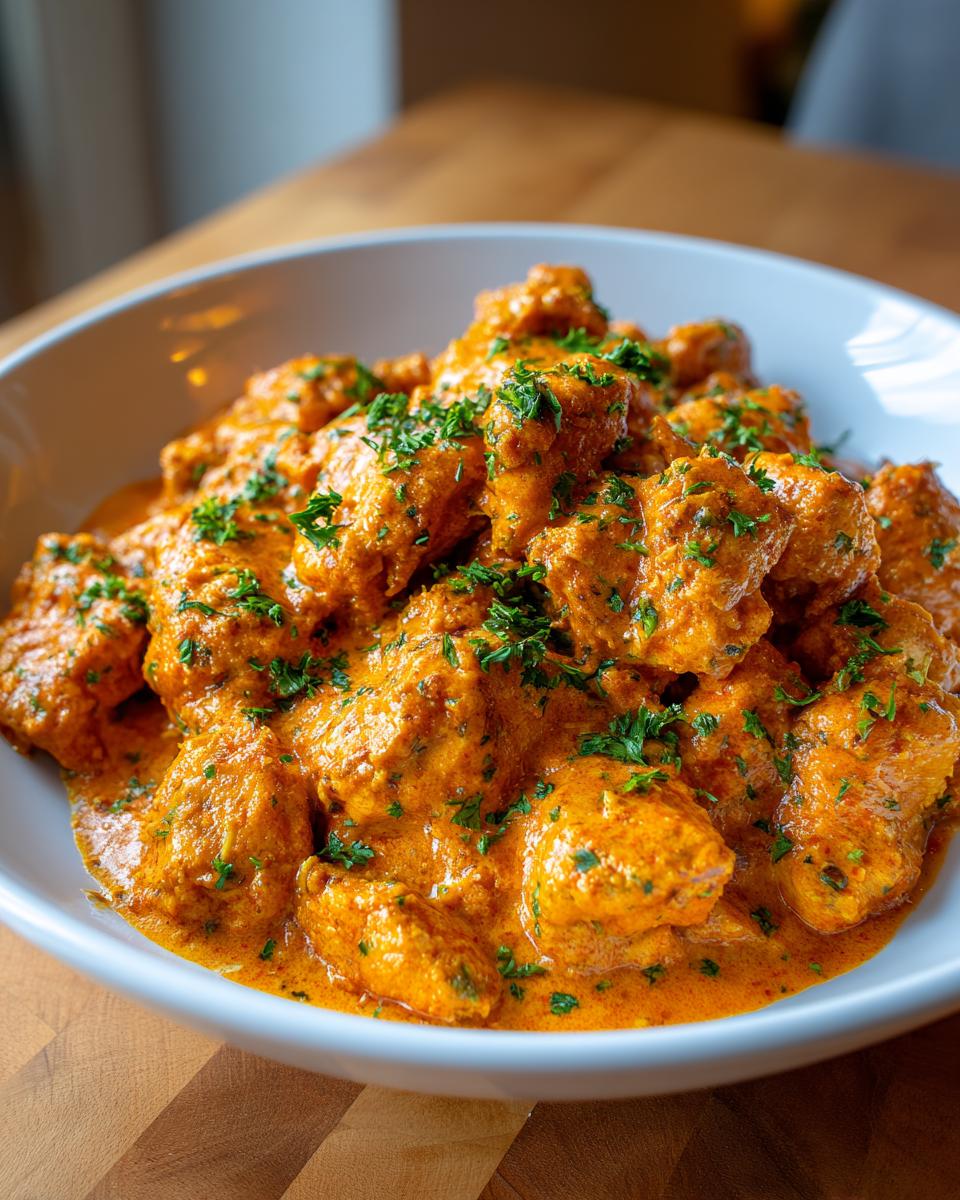 Close-up of creamy Cajun chicken pieces coated in a rich, orange sauce and garnished with fresh parsley.