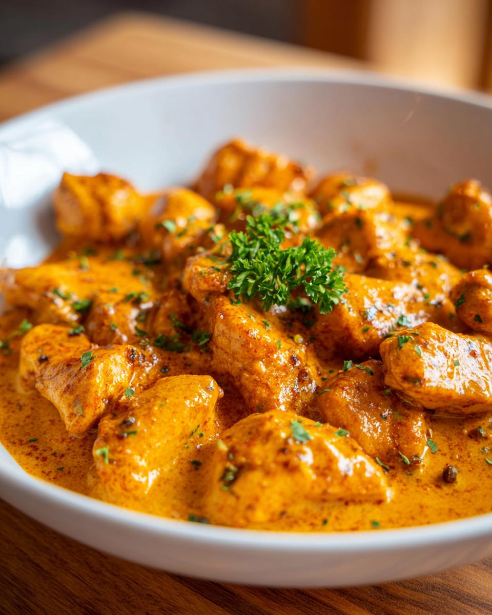 Close-up of tender pieces of cajun chicken coated in a rich, orange-hued creamy sauce, garnished with fresh parsley.